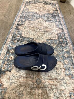OOFOS Navy Blue Slide Sandals with White Logo